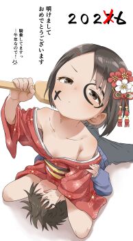 1boy 1girl 2026 absurdres akeome aki_(yunkana) black_hair collarbone femdom flat_chest floral_print floral_print_kimono flower hagoita hair_flower hair_ornament hairclip happy_new_year highres holding holding_paddle japanese_clothes kimono loli new_year obi original paddle print_kimono red_flower red_kimono sash simple_background sitting sitting_on_face sitting_on_person translation_request white_background white_flower