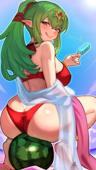 Rule 34 | 1girl, :q, ass, barefoot, between buttocks, bikini, blue background, blush, breasts, butt crack, closed mouth, commentary, curvy, fire emblem, fire emblem awakening, fire emblem heroes, food, from behind, fruit, gem, green eyes, green hair, highres, holding, holding food, holding popsicle, huge ass, large breasts, long hair, looking at viewer, nintendo, on food, pointy ears, ponytail, popsicle, r123, red bikini, red gem, shiny skin, sidelocks, sitting, smile, solo, swimsuit, thank you, thong, thong bikini, tiki (adult) (fire emblem), tiki (adult) (summering scion) (fire emblem), tiki (fire emblem), tongue, tongue out, watermelon, wide hips