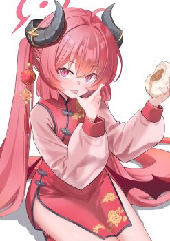 1girl absurdres ahoge blue_archive china_dress chinese_clothes commentary_request cowboy_shot demon_girl demon_horns demon_wings dress dumpling floral_print floral_print_dress food hair_ornament halo highres holding holding_food horns invisible_chair junko_(blue_archive) licking licking_finger licking_own_finger long_hair long_sleeves looking_at_viewer low_wings official_alternate_costume olecafe2 pointy_ears print_dress purple_eyes red_dress red_hair red_halo red_wings side_slit sitting slit_pupils solo tongue twintails very_long_hair wings