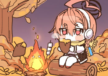 1girl ahoge azusa_(blue_archive) blue_archive blush_stickers campfire chibi earmuffs fire food halo highres hwaen marshmallow mole mole_under_eye neru_(blue_archive) no_mouth orange_hair red_eyes short_hair sweet_potato