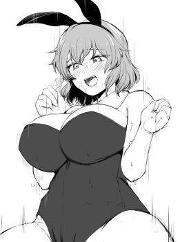 1girl :d alternate_costume animal_ears blush breasts commentary_request cowboy_shot fake_animal_ears greyscale hands_up implied_sex kazami_yuuka large_breasts monochrome nose_blush open_mouth playboy_bunny rabbit_ears sadahiro_(chicken_nugget_gyuuniku_aji) short_hair simple_background smile solo sweat touhou