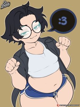 1boy :3 belly black_hair black_shirt blue_shorts bready_(srbready) brown_background brown_eyes bulge closed_mouth commentary cowboy_shot crop_top dolphin_shorts english_commentary glasses half-closed_eyes hands_up highres looking_at_viewer male_focus micro_shorts mole mole_above_mouth mole_on_forehead mole_on_stomach mole_under_mouth multiple_moles navel open_clothes open_shirt original paw_pose plump round_eyewear shirt short_hair short_sleeves shorts simple_background smile solo speech_bubble srbready stomach trap