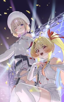 2girls :p absurdres ahoge bare_shoulders belt black_belt blonde_hair blue_eyes breasts commentary concert dot_nose fortissimo hair_ornament highres hololive hololive_dev_is long_sleeves multicolored_hair multiple_girls musical_note musical_note_hair_ornament official_alternate_costume one_eye_closed open_mouth orange_eyes orange_hair otonose_kanade otonose_kanade_(regloss_uniform) projector purple_hair selopangji small_breasts teeth thighhighs todoroki_hajime todoroki_hajime_(regloss_uniform) tongue tongue_out twintails upper_teeth_only virtual_youtuber white_thighhighs