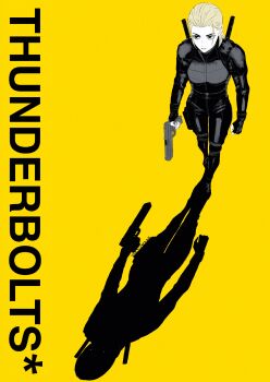 1girl absurdres black_bodysuit blonde_hair blue_eyeliner bodysuit commentary copyright_name eyeliner fingerless_gloves from_above full_body gloves gun handgun highres holding holding_gun holding_weapon makeup marvel pouch serious shadow signature solo sword sword_on_back thunderbolts_(movie) virtuware weapon weapon_on_back yelena_belova