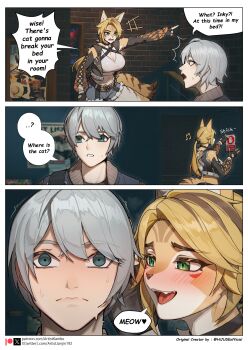 absurdres animal_ears blonde_hair blush cat_ears cat_girl cat_tail commentary commentary_request english_commentary fluffy green_eyes grey_hair hair_ornament hairband highres kambo korean_commentary long_hair meme neck_ribbon pulchra_fellini ribbon short_hair smile sweat sweatdrop tail wise_(zenless_zone_zero) zenless_zone_zero