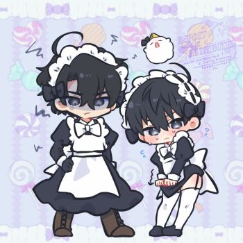 2boys alternate_costume apron biyoo_(omniscient_reader&#039;s_viewpoint) black_coat black_dress black_eyes black_gloves black_hair black_shirt blush boots bow bowtie coat collared_shirt commentary covering_privates double-parted_bangs dress enmaided full_body gloves hair_between_eyes hands_on_own_hips highres kim_dokja kimidori_22 looking_at_viewer maid maid_headdress male_focus multiple_boys omniscient_reader&#039;s_viewpoint open_clothes open_coat partially_shaded_face popped_collar shirt short_hair standing symbol-only_commentary thighhighs white_apron white_coat white_thighhighs yoo_joonghyuk zettai_ryouiki