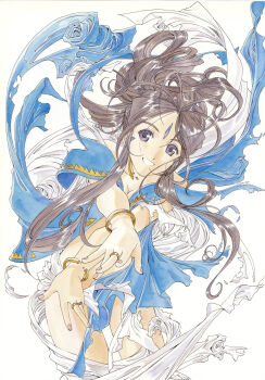 Rule 34 | 1girl, aa megami-sama, absurdres, antenna hair, belldandy, blue dress, blue eyes, bracelet, brown hair, dissolving clothes, dress, earrings, facial mark, forehead mark, fujishima kousuke, highres, jewelry, long hair, looking at viewer, non-web source, official art, ponytail, ring, scan, self-scan, smile, solo, white background