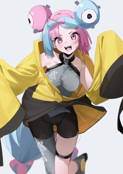 1girl absurdres bare_shoulders blue_hair blush bow-shaped_hair breasts character_hair_ornament collarbone grey_pantyhose hair_ornament halter_shirt halterneck hexagon_print highres iono_(pokemon) jacket k2_(jack_lin) long_hair long_sleeves looking_at_viewer medium_breasts multicolored_hair nintendo open_mouth pantyhose pink_hair pokemon pokemon_scarlet_and_violet sharp_teeth shirt simple_background single_leg_pantyhose sleeves_past_fingers sleeves_past_wrists smile solo split-color_hair teeth two-tone_hair yellow_jacket