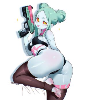 1girl :p aqua_hair ass black_bra black_panties bra breasts brown_thighhighs colored_sclera colored_skin commentary copio cyberpunk:_edgerunners cyberpunk_(series) cyborg double_bun foot_out_of_frame green_eyes grey_skin gun hair_bun handgun highres holding holding_gun holding_weapon leg_tattoo looking_at_viewer looking_back neck_tattoo panties rebecca_(cyberpunk) red_pupils red_sclera simple_background small_breasts solo stirrup_legwear stomach_tattoo tattoo thighhighs toeless_legwear tongue tongue_out trigger_discipline underwear weapon white_background