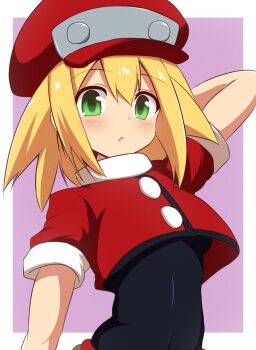 1girl black_bodysuit blonde_hair bodysuit newsboy_cap cropped_jacket curakuru green_eyes hat highres medium_hair mega_man_(series) mega_man_legends_(series) purple_background red_hat roll_caskett_(mega_man) simple_background solo upper_body