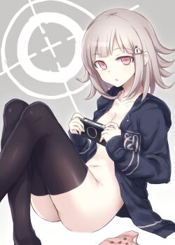 10s 1girl :o ass black_thighhighs bottomless breasts brown_hair cleavage danganronpa_(series) danganronpa_2:_goodbye_despair female_focus flipped_hair hair_ornament hairpin handheld_game_console hiraga_matsuri hirasato hood hoodie looking_at_viewer medium_breasts naked_hoodie nanami_chiaki navel open_mouth panties playstation_portable red_eyes reticule solo thighhighs underwear unworn_panties unzipped