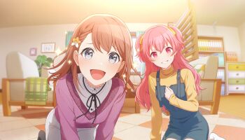 2girls :d black_ribbon black_socks blush braid brown_hair cardigan colorful_palette game_cg glowing grey_eyes grin grow_glorious_glow_(project_sekai) hair_between_eyes hair_ornament hair_ribbon hanasato_minori highres looking_at_viewer momoi_airi multiple_girls official_art open_mouth pink_cardigan pink_eyes pink_hair plant project_sekai ribbon shirt sleeves_past_wrists smile socks sparkle sweatdrop sweater teeth third-party_source tongue two_side_up white_shirt yellow_ribbon yellow_sweater