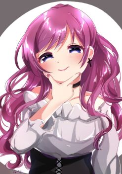 1girl blush choker earrings gochuumon_wa_usagi_desu_ka? highres jewelry karede_yura kyunmofu long_hair looking_at_viewer purple_hair smile solo upper_body