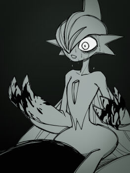 1other arm_blade black_background blood blood_on_hands cape colored_skin crying crying_with_eyes_open facing_to_the_side gallade gen_4_pokemon highres implied_murder kneeling mega_gallade mega_pokemon mohawk monochrome nintendo on_ground open_hand open_mouth pokemon pokemon_(creature) pokemon_focus scared solo streaming_tears sweat sweatdrop teardrop tears umi-be-to weapon white_cape white_hair white_skin wide-eyed