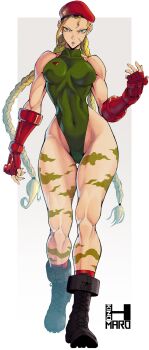 Rule 34 | 1girl, beret, blonde hair, blue eyes, bodypaint, boots, border, braid, breasts, cammy white, camouflage, facial scar, fingerless gloves, gloves, green leotard, hat, highleg, highleg leotard, highres, kinohmaro, leotard, long hair, looking at viewer, medium breasts, red gloves, scar, scar on cheek, scar on face, signature, sleeved leotard, solo, street fighter, street fighter ii (series), thong leotard, twin braids, white border