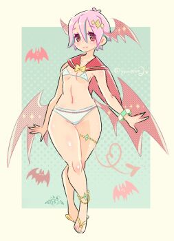 1girl arms_at_sides bikini breasts capcom capelet closed_mouth covered_erect_nipples crossed_legs darkstalkers demon_girl dot_nose eyelashes female_focus full_body green_background green_nails head_wings lilith_(darkstalkers) looking_at_viewer nail_polish petite pink_hair red_capelet red_eyes short_hair simple_background small_breasts smile solo standing swimsuit toenail_polish toenails toes two-tone_background white_bikini wings y.o_(chuchu) yellow_background