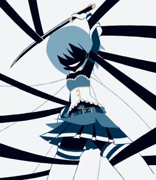 1girl arm_up bare_shoulders blue_hair cape elsa_maria_(madoka_magica) gloves grin highres holding holding_sword holding_weapon limited_palette magical_girl mahou_shoujo_madoka_magica miki_sayaka pleated_skirt scene_reference shaded_face short_hair skirt smile solo soul_gem sword tanba_(tanba-art) thighhighs weapon white_cape white_gloves white_thighhighs witch_(madoka_magica)