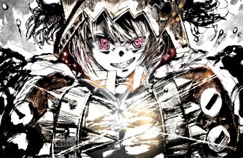 1girl clenched_hands commentary_request gauntlets gigi_murin gigi_murin_(1st_costume) grey_background grin highres hololive hololive_english hood hood_up looking_at_viewer pink_eyes sharp_teeth short_hair smile solo sparks spot_color swept_bangs teeth twintails upper_body v-shaped_eyebrows virtual_youtuber xue_lian_wa_noel