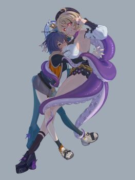 2girls armpits belle_(zenless_zone_zero) blonde_hair blue_hair breasts cephalopod_eyes detached_sleeves fingerless_gloves gloves glowing glowing_eyes grin hair_ornament hashtag-only_commentary hat high-waist_shorts highres hood hooded_vest hoodie large_breasts multicolored_hair multiple_girls nail_polish one_eye_closed shorts single_fingerless_glove skirt smile streaked_hair taninumeo tentacle_tail tentacles vest yidhari_murphy yuri zenless_zone_zero