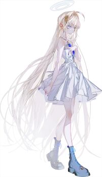 Rule 34 | 1girl, bare shoulders, blonde hair, blue eyes, breasts, crymachina, dress, enoa (crymachina), expressionless, flower, full body, hair flower, hair ornament, halo, hand on own chest, highres, long hair, looking at viewer, official art, platform shoes, rolua, rose, shoes, small breasts, solo, very long hair, white dress