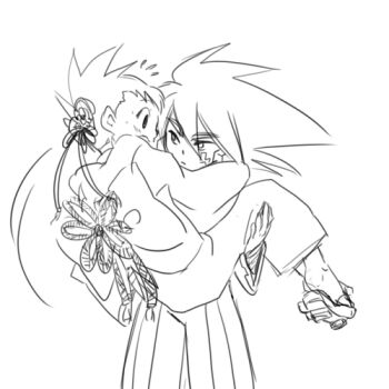 2boys blush capcom carrying child dress embarrassed feet geo_stelar_(mega_man) goggles heriyama japanese_clothes kimono legs looking_at_another mega_man_(series) mega_man_star_force mega_man_star_force_(series) multiple_boys plaster same_sex_marriage sandals solo_(mega_man) spiked_hair wedding wedding_dress wedding_kimono