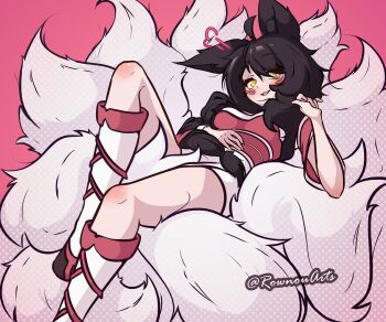 1girl absurdres ahri_(league_of_legends) animal_ears bare_shoulders black_hair blush breasts cleavage detached_sleeves facial_mark fox_ears fox_girl fox_tail highres kitsune korean_clothes kyuubi large_breasts league_of_legends long_hair looking_at_viewer low_neckline multiple_tails rownou smile solo spirit_blossom_(league_of_legends) tail whisker_markings yellow_eyes