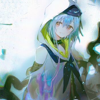 Rule 34 | 1boy, arknights, artist name, bare shoulders, black neckerchief, blue hair, blue hat, clenched teeth, clothing cutout, commentary, grin, hair between eyes, hat, head tilt, hood, hooded jacket, jacket, looking at viewer, male focus, mizuki (arknights), multicolored hair, namie-kun, neckerchief, parted lips, pink eyes, pink hair, short hair with long locks, shoulder cutout, simple background, smile, solo, streaked hair, symbol-only commentary, teeth, tentacles, trap, upper body, white background, white jacket