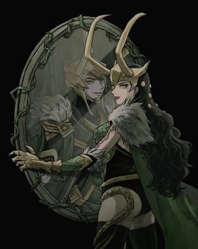 1boy 1girl 4o_out alternate_form armor ass black_hair breasts cape commentary fake_horns fur-trimmed_cape fur_trim genderswap gloves green_cape green_eyes highres horned_headwear horns lady_loki large_breasts loki_(marvel) long_hair looking_at_viewer marvel marvel_rivals mirror simple_background smile symbol-only_commentary thor_(marvel)_(series)