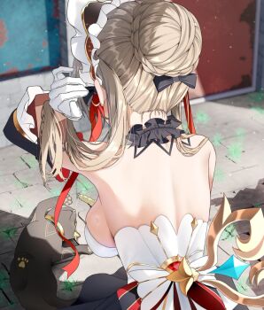 1girl backboob bare_back black_cat black_collar black_sleeves breasts brown_hair cat collar commentary_request dress from_behind genshin_impact gloves hair_up headdress highres large_breasts light_particles nape nidaime_(doronbo) sandrone_(genshin_impact) short_hair_with_long_locks solo strapless strapless_dress white_gloves white_headdress