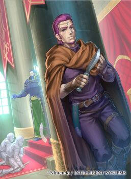 2boys 2others armor astolfo_(fire_emblem) beard belt blue_hair brown_cloak cloak closed_mouth commentary_request company_name facial_hair fingerless_gloves fire_emblem fire_emblem:_the_binding_blade fire_emblem_cipher full_armor full_beard gloves goatee hata_(pixiv4102938) hector_(fire_emblem) holding holding_knife holding_weapon indoors knife looking_at_viewer male_focus multiple_boys multiple_others nintendo official_art purple_eyes purple_hair short_hair solo_focus thigh_belt thigh_strap weapon