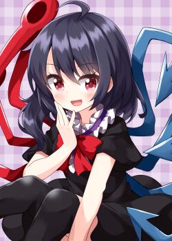 1girl :d ahoge asymmetrical_wings black_dress black_hair black_thighhighs blush bow bowtie commentary dress foot_out_of_frame frills hair_between_eyes hand_on_own_cheek hand_on_own_face hand_up highres houjuu_nue long_hair looking_at_viewer one-hour_drawing_challenge open_mouth plaid_background purple_background red_bow red_bowtie red_eyes ruu_(tksymkw) short_sleeves simple_background sitting smile solo thighhighs touhou wings