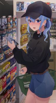 Rule 34 | 1girl, absurdres, baseball cap, belt, black shirt, blue eyes, blue hair, blue nails, blue ribbon, blush, commentary, cowboy shot, denim, denim shorts, double-parted bangs, from side, hair ornament, hair ribbon, hat, highres, holding, hololive, hoshimachi suisei, indoors, long sleeves, looking at viewer, merchandise, nail polish, nintendo, nose blush, one side up, open mouth, pokemon, pokemon tcg, print shirt, ribbon, risu (risu 0128), shirt, shop, shopping basket, short shorts, shorts, sidelocks, solo, star (symbol), star hair ornament, star in eye, symbol in eye, turning head, virtual youtuber, weiss schwarz