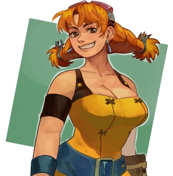 1girl 2022 absurdres aika_(eternal_arcadia) braid breasts cleavage dress earrings eternal_arcadia female_focus goggles goggles_on_head highres jewelry jumboiiii large_breasts orange_hair smile twin_braids