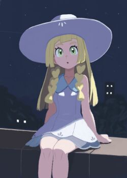 1girl :o blonde_hair braid breasts commentary deli_mage dress english_commentary eyelashes green_eyes hat highres lillie_(pokemon) long_hair looking_at_viewer night nintendo open_mouth pokemon pokemon_sun_and_moon sitting small_breasts solo twin_braids white_dress white_hat