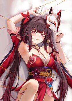 1girl absurdres armpits bed_sheet black_hair breasts chinese_commentary circle_facial_mark commentary_request commission dakimakura_(medium) detached_sleeves dress feet_out_of_frame fingernails fox_mask highres honkai:_star_rail honkai_(series) knee_up long_hair looking_at_viewer mark_under_both_eyes mask mask_on_head medium_breasts merchandise_available nail_polish obi on_bed open_mouth paid_reward_available partial_commentary red_dress red_eyes red_nails ru_zhai sash sleeveless sleeveless_dress solo sparkle_(honkai:_star_rail) twintails very_long_hair