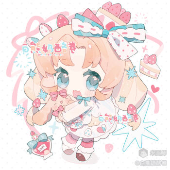 1girl :3 :d animal blue_bow blue_eyes blush_stickers bow cake cake_slice chibi chibi_only dress food fruit full_body hair_bow highres holding holding_animal long_hair long_sleeves looking_at_viewer mihuashi_645280 mihuashi_username open_mouth orange_hair original pantyhose parted_bangs pink_pantyhose polka_dot polka_dot_background rabbit shoes smile solo standing strawberry white_background white_dress white_shoes