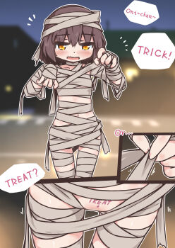 1girl absurdres arrow_(symbol) blush body_writing crotchless english_text female_focus halloween highres loli looking_at_viewer multiple_views mummy_costume original qswan short_hair standing