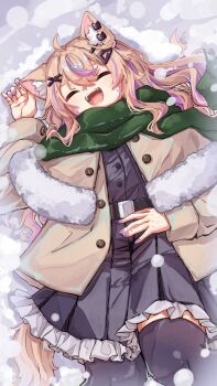 1girl absurdres animal_ear_fluff animal_ears black_thighhighs blonde_hair cat_ears cat_girl cat_tail closed_eyes colored_inner_hair commentary english_commentary facial_mark green_scarf highres indie_virtual_youtuber jacket long_hair lying multicolored_hair on_back open_mouth purple_hair scarf second-party_source shyrei_faolan snow streaked_hair tail thighhighs u_da_desu virtual_youtuber whisker_markings