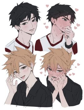 Rule 34 | 2boys, :d, black hair, blue oak, blush, bracelet, brown hair, closed mouth, full-face blush, hand up, hands up, heart, highres, jewelry, male focus, multiple boys, multiple views, nintendo, open mouth, pokemon, pokemon sm, raglan sleeves, red (pokemon), sekaiitinoki, shirt, short hair, smile, spiked hair, sweat