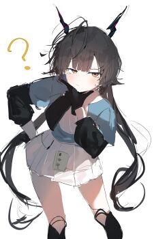 1girl absurdres ahoge arknights arknights:_endfield black_gloves black_hair chen_qianyu_(arknights) dragon_girl dragon_horns dress eastern_dragon_horns gloves highres horns katata long_hair looking_at_viewer simple_background sweat twintails white_background white_dress yellow_eyes