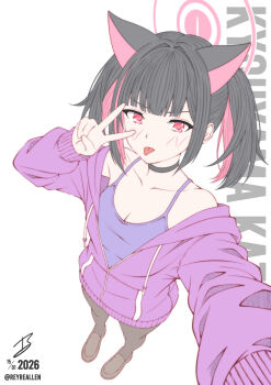 Rule 34 | 1girl, :p, absurdres, alternate costume, alternate hairstyle, animal ears, arm up, bare shoulders, black choker, black hair, black pantyhose, blue archive, blue camisole, blunt bangs, blush, breasts, brown shoes, camisole, cat ears, cat girl, character name, choker, cleavage, collarbone, colored inner animal ears, colored inner hair, commentary, dated, extra ears, foreshortening, from above, full body, hair intakes, halo, hand up, highres, hood, hoodie, kazusa (blue archive), loafers, looking at viewer, medium breasts, medium hair, multicolored hair, open clothes, open hoodie, pantyhose, pink hair, pink halo, purple hoodie, realen, red eyes, selfie, shoes, sidelocks, signature, simple background, sleeves past wrists, solo, standing, tongue, tongue out, twintails, two-tone hair, v, v-shaped eyebrows, v over eye, white background