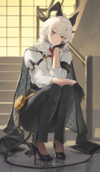 1girl absurdres ahoge arm_pouch armband artist_name black_armband black_horns black_jacket black_pants black_shoes black_tail chest_harness closed_mouth collared_shirt commentary_request curled_horns demon_tail earrings harness high-waist_pants high_heels highres horns jacket jacket_on_shoulders jewelry key_earrings long_hair looking_at_viewer multicolored_hair necktie neid_art pants red_eyes red_necktie shirt shirt_tucked_in shoes smile solo squatting streaked_hair tail white_shirt wuthering_waves zani_(wuthering_waves)