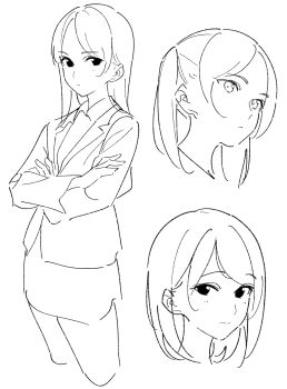 1girl blush closed_mouth collared_shirt commentary_request greyscale highres kashiwa_(iersansi) looking_at_viewer monochrome multiple_views office_lady original ponytail shirt smile swept_bangs