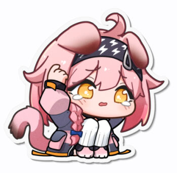 Rule 34 | 1girl, ahoge, animal ears, arknights, black hairband, braid, chibi, chibi only, chinese commentary, commentary request, cowering, full body, goldenglow (arknights), hairband, hands on own head, lightning bolt print, long sleeves, lowres, medium hair, open mouth, outline, pink hair, pink tail, solo, tail, tearing up, udon (udon19971109), white outline, yellow eyes