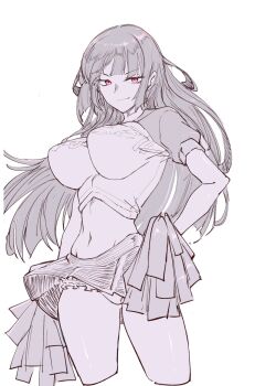 1girl breasts cheerleader hand_on_own_hip highres holding holding_pom_poms large_breasts long_hair midriff minorun9 monochrome navel nue_(nue_no_onmyouji) nue_no_onmyouji panties pom_pom_(cheerleading) pom_poms raglan_sleeves red_eyes short_sleeves sketch skirt smile smug solo underwear wind wind_lift