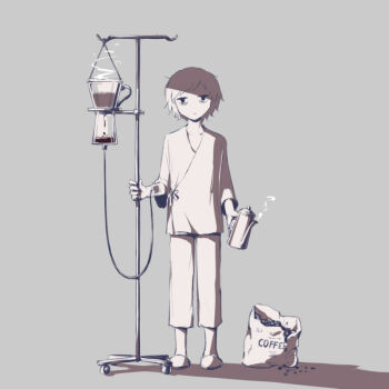 avogado6 bag black_eyes closed_mouth coffee coffee_beans coffee_pot collarbone english_text facing_viewer full_body grey_background head_tilt holding hospital_gown intravenous_drip iv_stand looking_at_viewer messy_hair monochrome original shadow short_hair simple_background slippers solo standing steam
