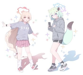 Rule 34 | 2girls, absurdres, alternate costume, animal ears, aqua hair, black shorts, black socks, blonde hair, blue archive, blue halo, blush, cellphone, chinese commentary, commentary, dolphin shorts, earphones, grey hoodie, grey shirt, grin, hair between eyes, halo, highres, holding, holding phone, hood, hoodie, leg warmers, long hair, looking at viewer, multiple girls, nodoka (blue archive), open mouth, phone, pink shoes, purple eyes, red eyes, red halo, shigure (blue archive), shirt, shoes, short hair, short shorts, short sleeves, shorts, smartphone, smile, sneakers, socks, t-shirt, tail, very long hair, weasel ears, weasel girl, weasel tail, white leg warmers, yydata1