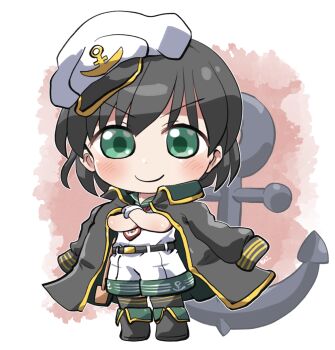 Rule 34 | anchor, anchor print, belt, black boots, black hair, black jacket, boots, chibi, commentary request, crossed arms, full body, green eyes, green sailor collar, hat, highres, jacket, jacket on shoulders, light blush, looking at viewer, murasa minamitsu, official alternate costume, rokugou daisuke, sailor collar, sailor hat, shirt, shorts, smile, sunken fossil world, touhou, v-shaped eyebrows, white hat, white shirt, white shorts, yellow trim