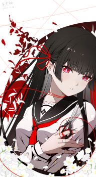 1girl absurdres black_hair black_sailor_collar breasts chisa_(wuthering_waves) commentary dated english_commentary fingernails golden_spiral hair_ribbon highres holding holding_scissors long_hair looking_at_viewer medium_breasts mole mole_under_eye official_alternate_costume parted_lips red_eyes red_ribbon ribbon sailor_collar scissors shirt signature solo upper_body wangzi_qiu_laoshi white_shirt wuthering_waves