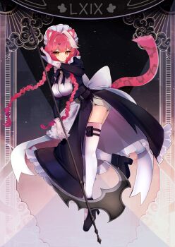 Rule 34 | 1girl, absurdres, animal ears, black dress, black shoes, braid, breasts, cat ears, cat girl, cat tail, cleavage, dress, hair ornament, high heels, highres, holding, holding polearm, holding weapon, hololive, hololive english, large breasts, long hair, looking at viewer, maid, multicolored hair, pink hair, polearm, raora panthera, raora panthera (maid), shoes, solo, streaked hair, tail, thigh strap, thighhighs, tundrea, twin braids, very long hair, virtual youtuber, weapon, white streaks, white thighhighs, x hair ornament, yellow eyes